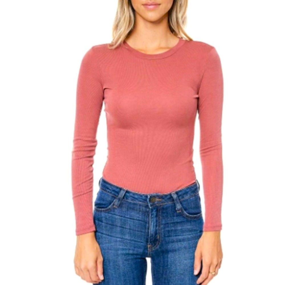 ELODIE Women's Long Sleeve Bodysuit Ribbed T Shirts Jumpsuit with Crew Neck